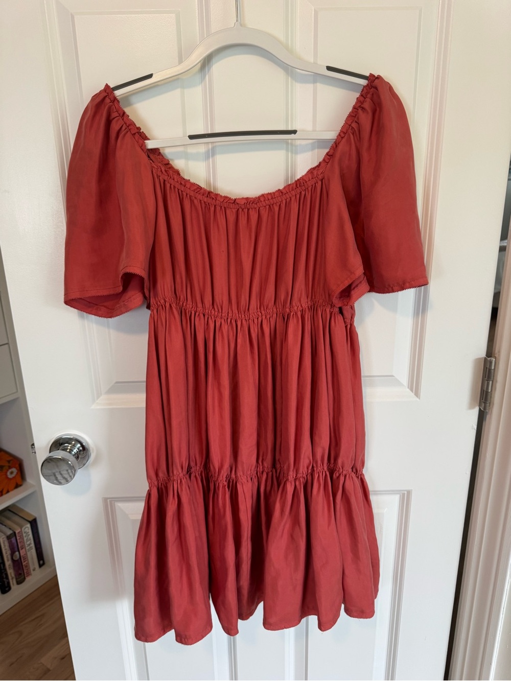 Unsubscribed Rust Red Off-Shoulder Tiered Mini Dress